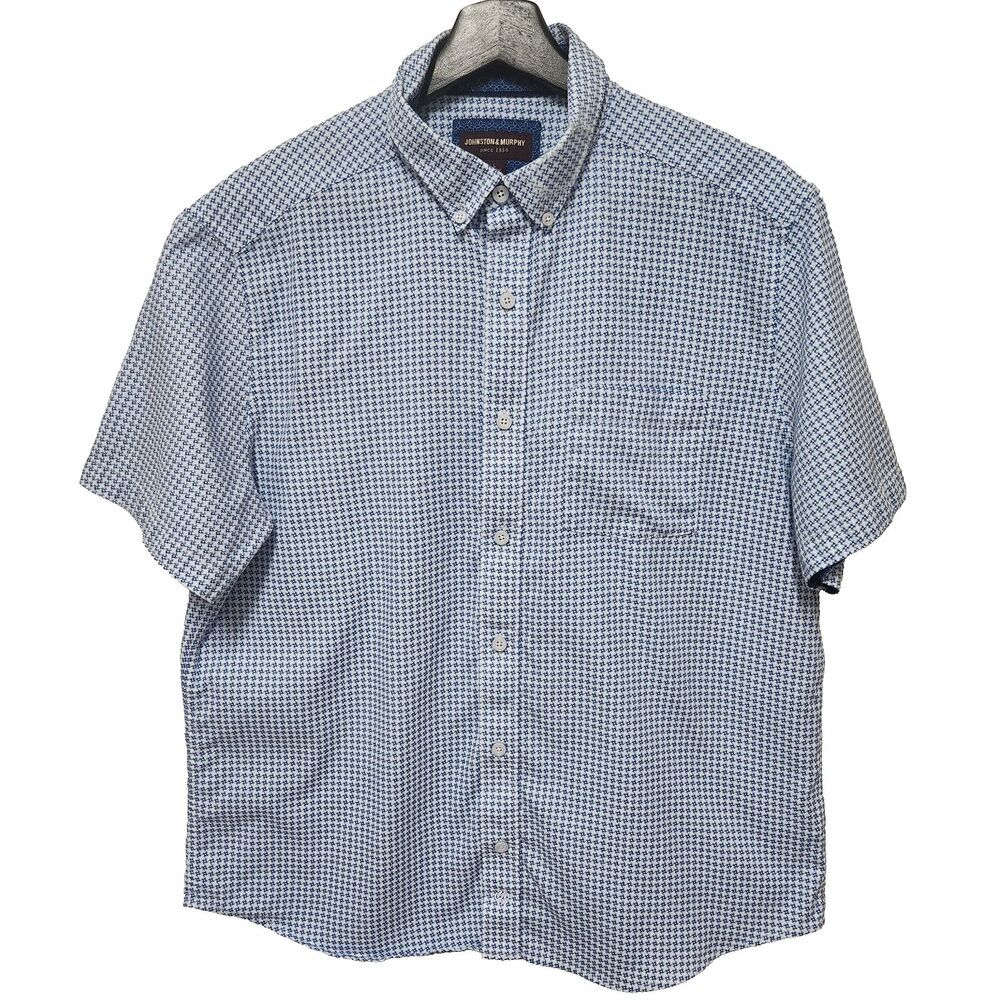 Johnston Murphy Shirt Mens Large Blue Geometric  Print Short Sleeve 100% Cotton